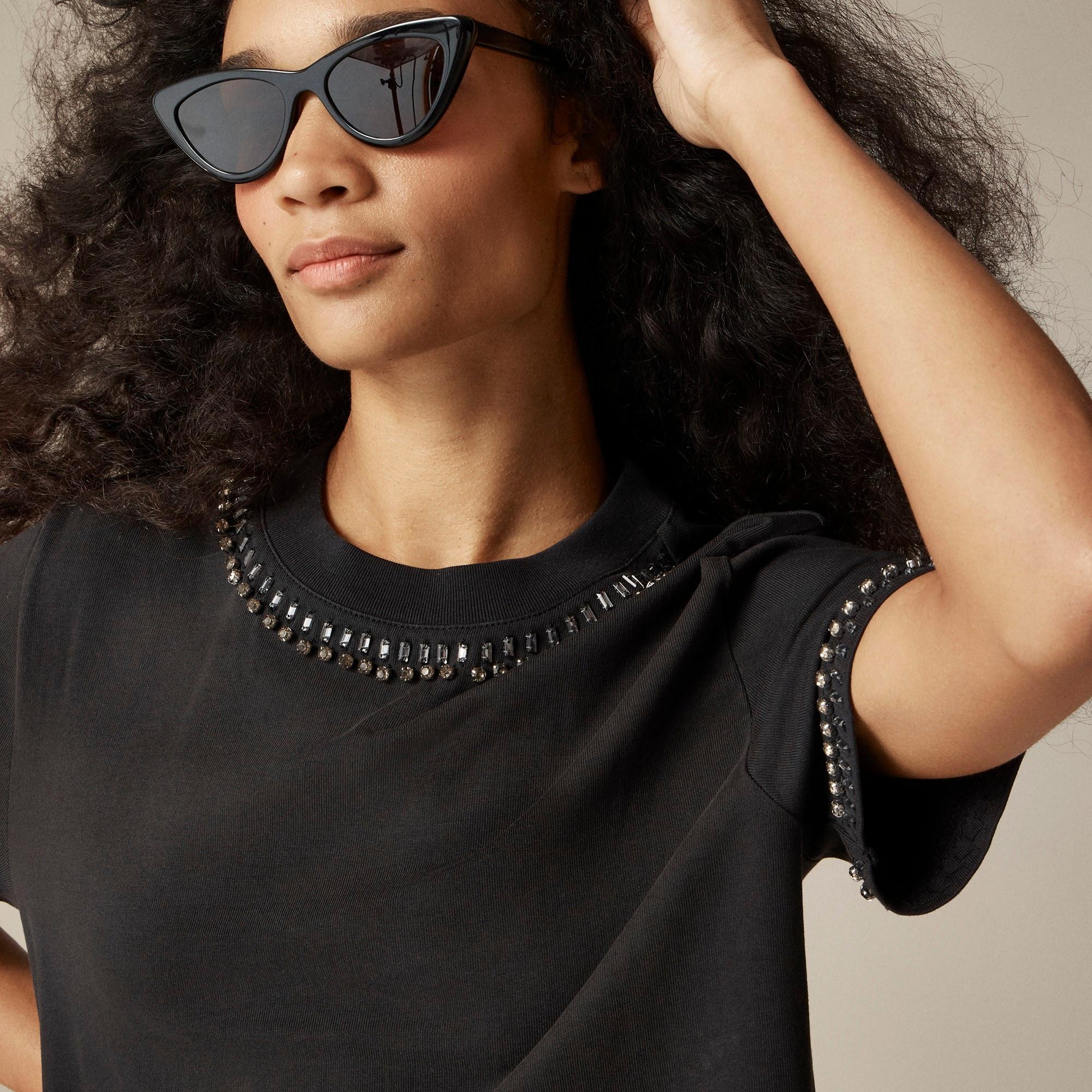 Relaxed crystal-embellished cropped T-shirt in heavy jersey Product Image