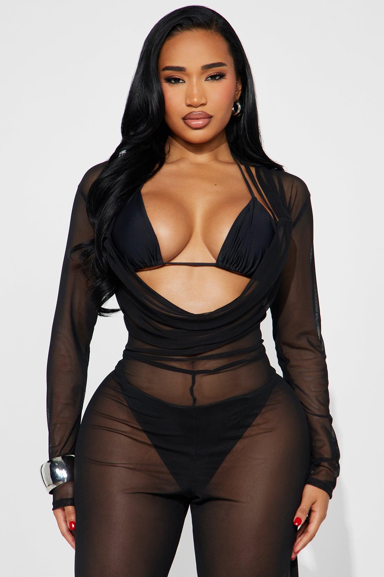 Beach Club Chic Cowl Neck Mesh Cover Up Jumpsuit - Black Product Image