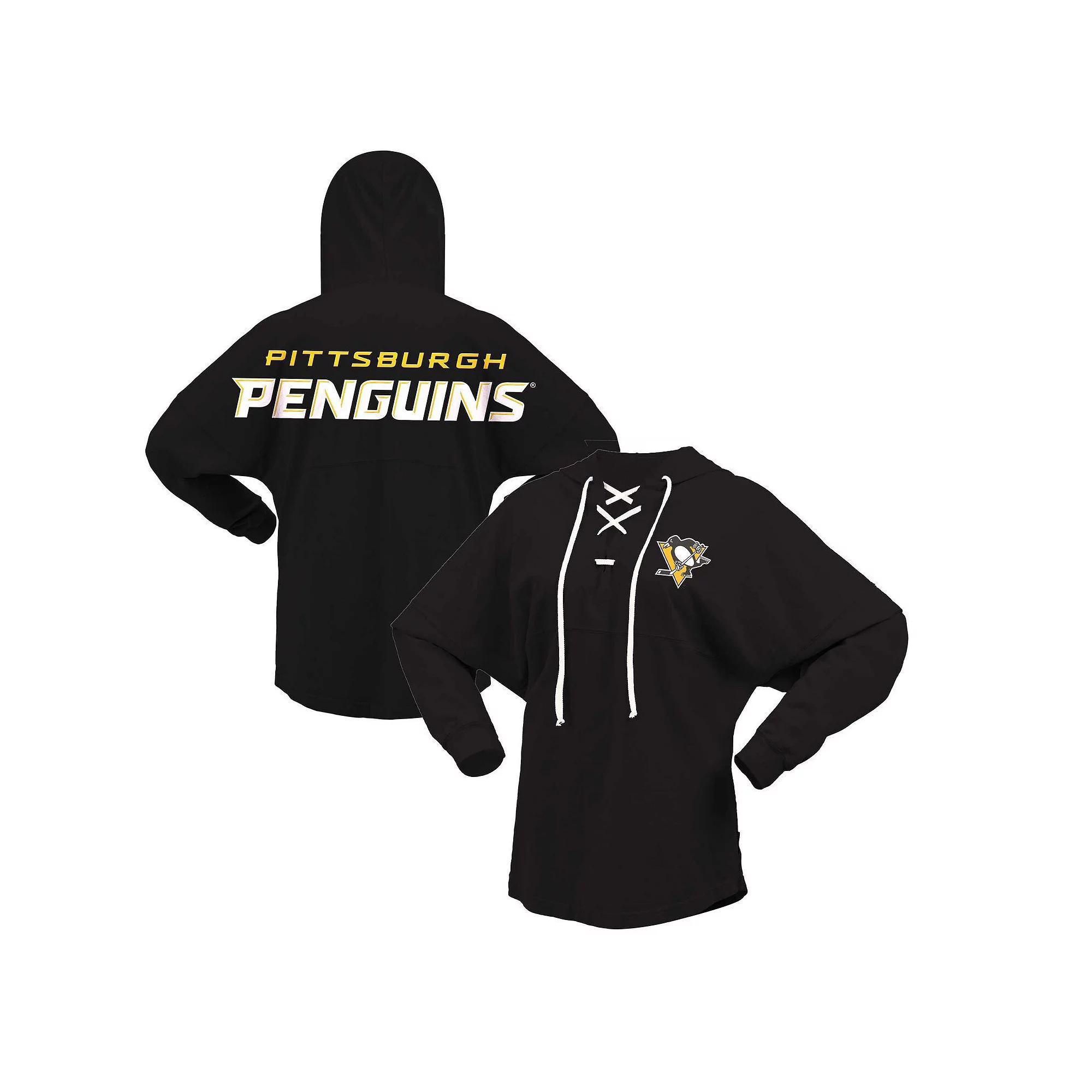 Women's Fanatics Branded Black Pittsburgh Penguins Jersey Lace-Up V-Neck Long Sleeve Hoodie T-Shirt, Size: Small Product Image
