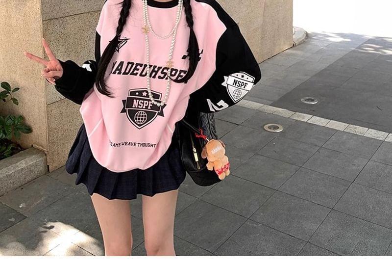 Long-Sleeve Crew Neck Lettering Raglan Pullover Product Image