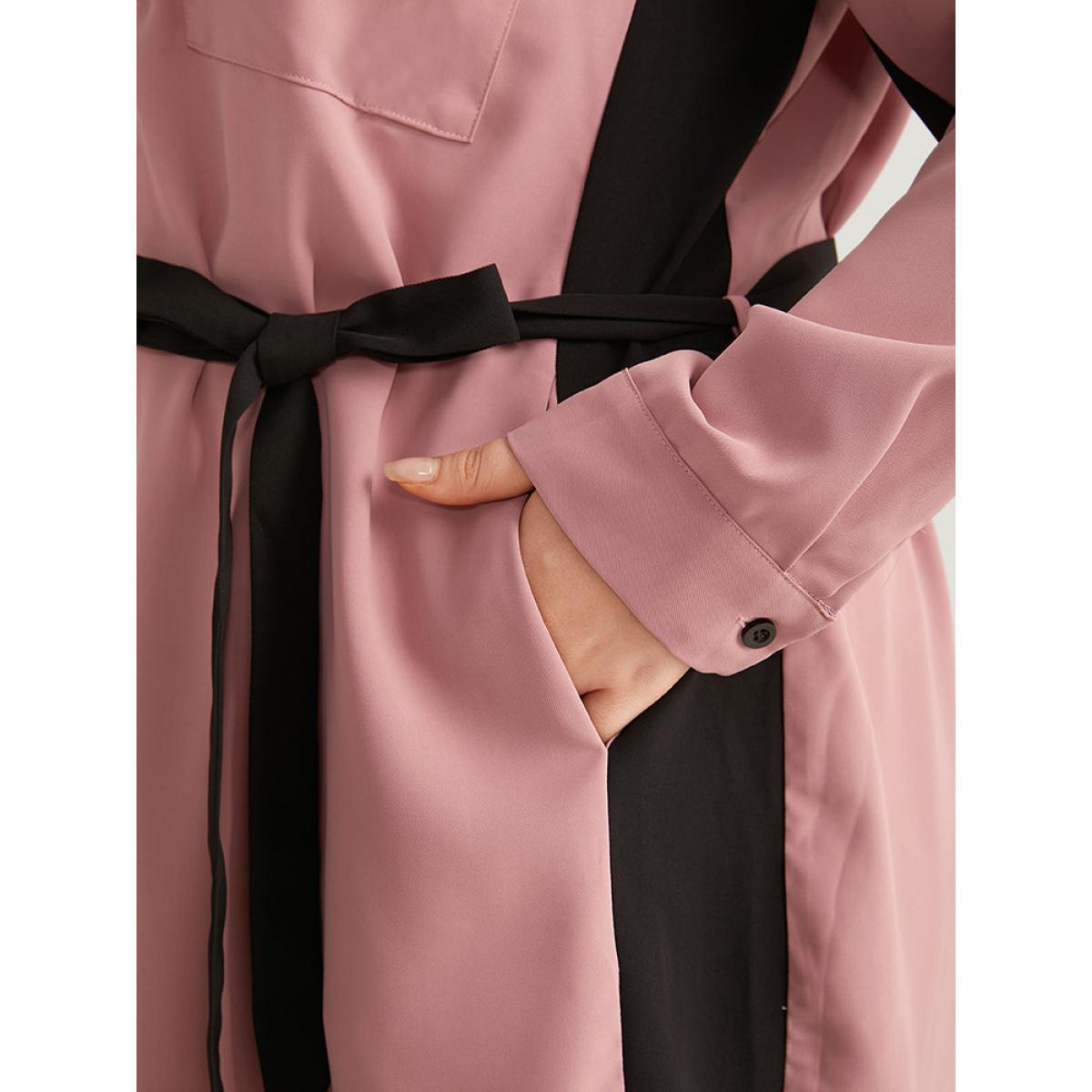 Plus Size Twill Two Tone Metal Button Up Belted Dress DustyPink Women Office Belted V-neck Long Sleeve Curvy Knee Dress BloomChic 26/4X Product Image