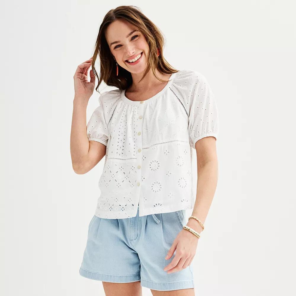 Women's Sonoma Goods For Life® Short Puff Sleeve Eyelet Detailed Button Down Top, Size: XXL, Vital White Product Image