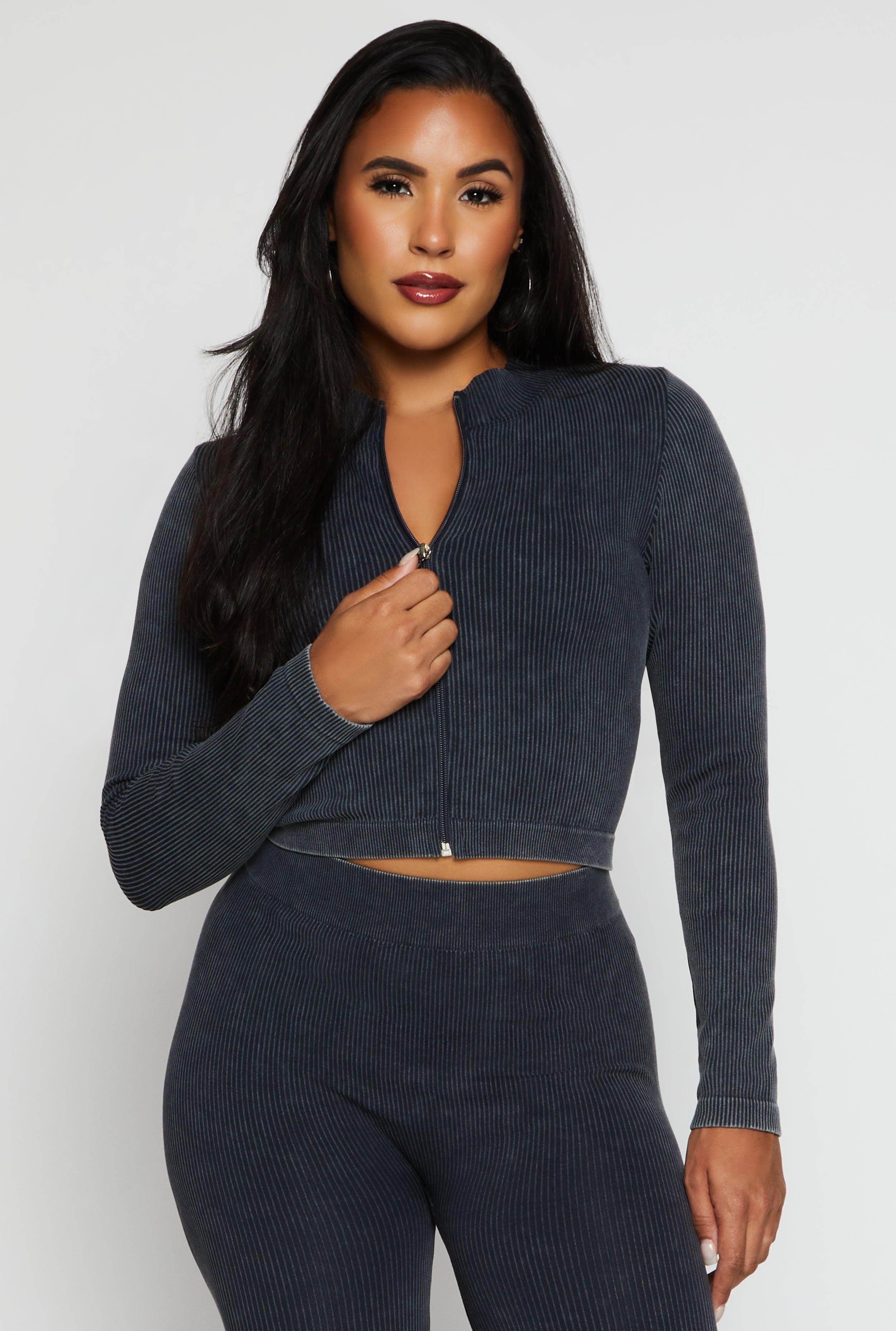 Womens Ribbed Knit Mock Neck Zip Front Crop Top Product Image