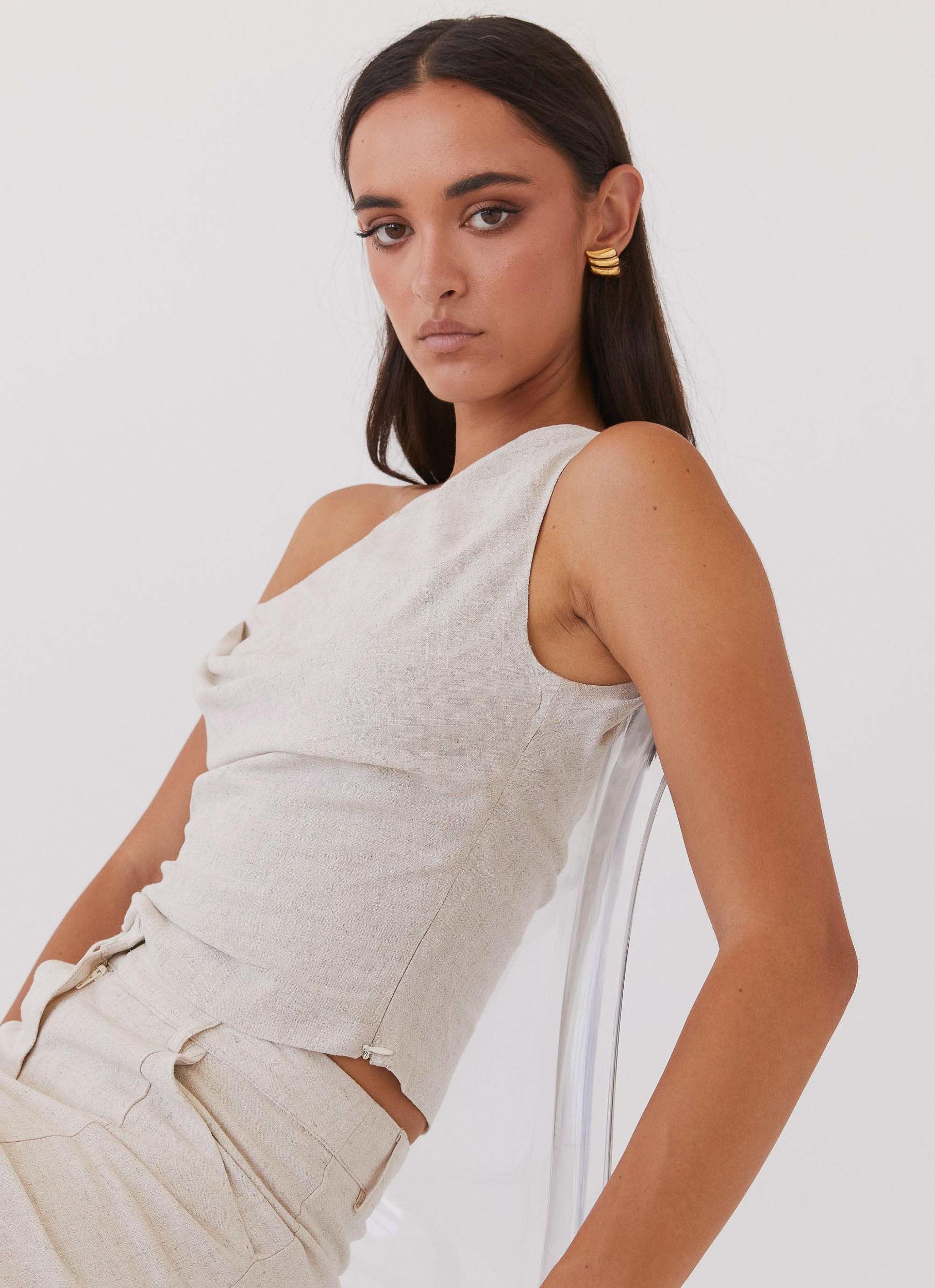 Marissa Linen One Shoulder Top - Oatmeal Product Image