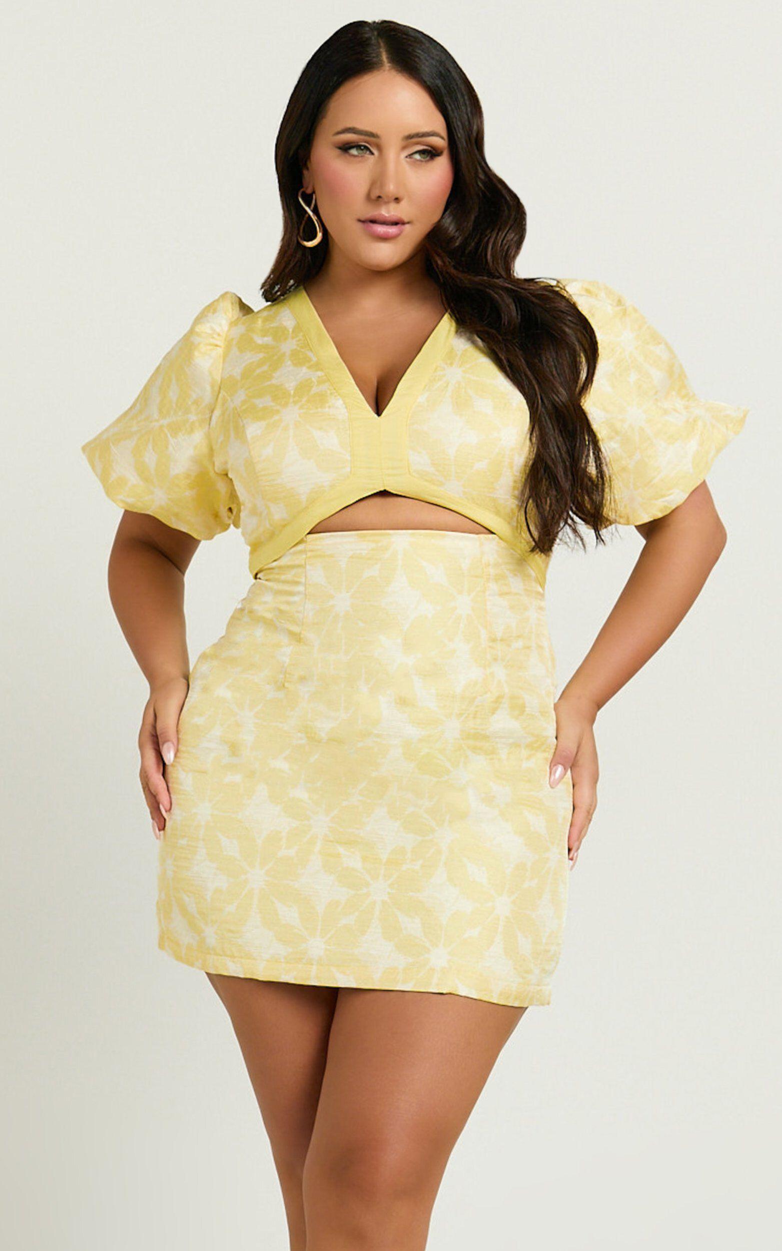 Diana Mini Dress - Jacquard Short Sleeve Cut Out Dress in Lemon Product Image