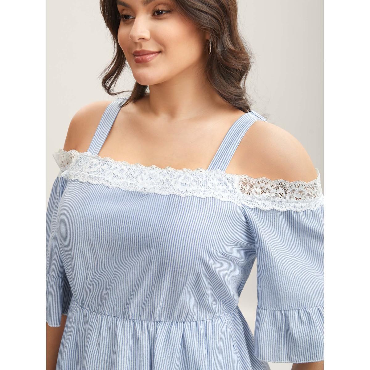 Plus Size Striped Cold Shoulder Lace Midi Dress LightBlue Women One-shoulder neck Short sleeve Curvy BloomChic 28/5X Product Image