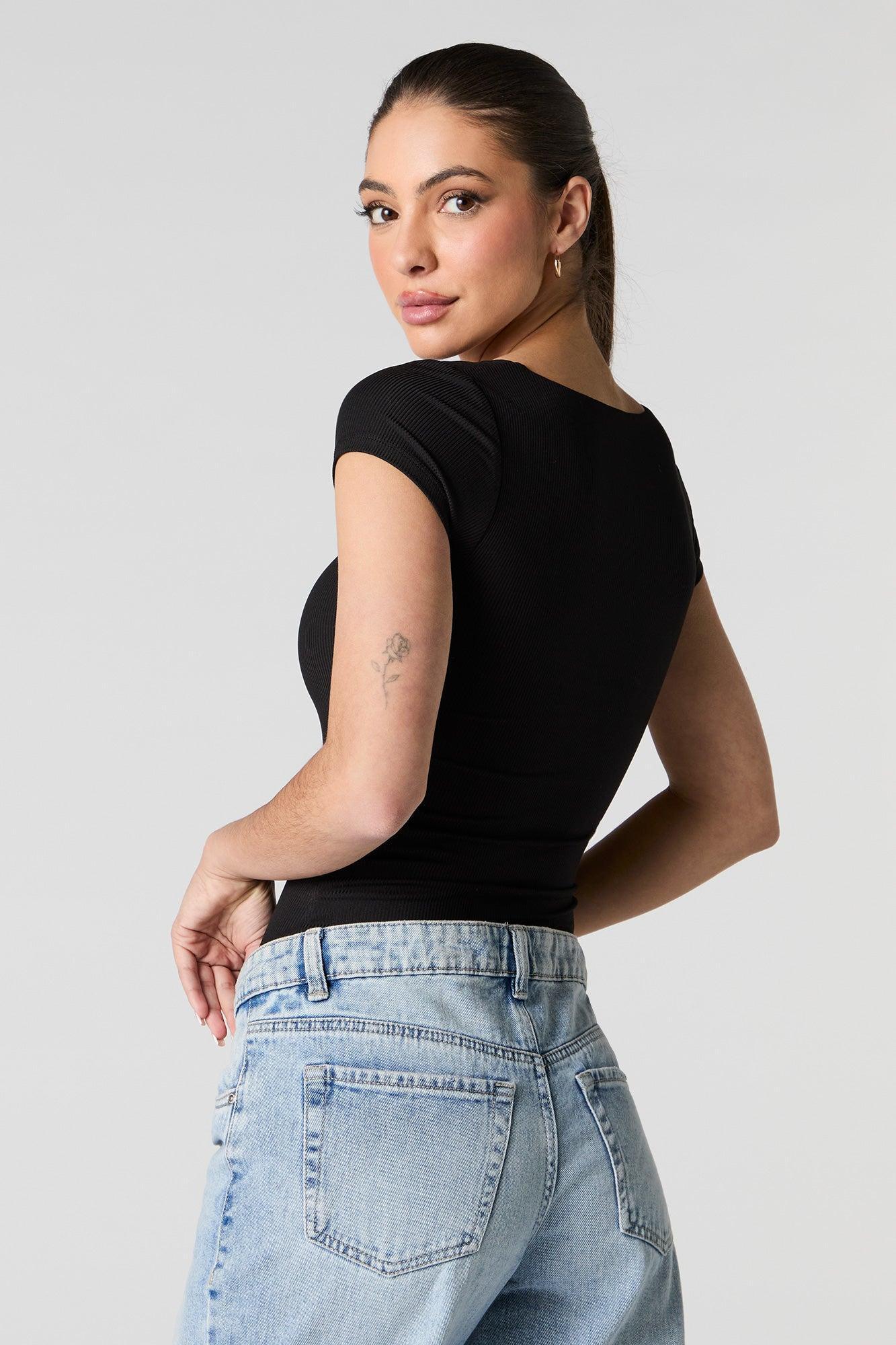 Ribbed Square Neck Short Sleeve Bodysuit Female Product Image