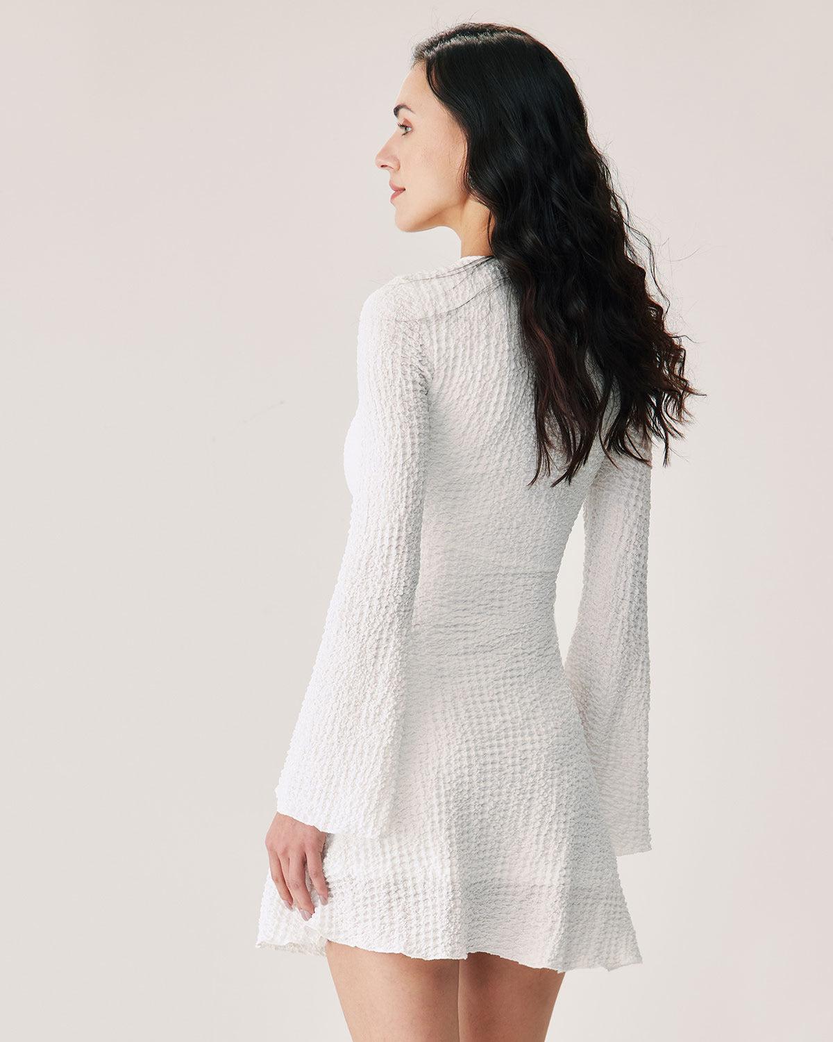White Ruched Bell Sleeve Mini Dress Product Image