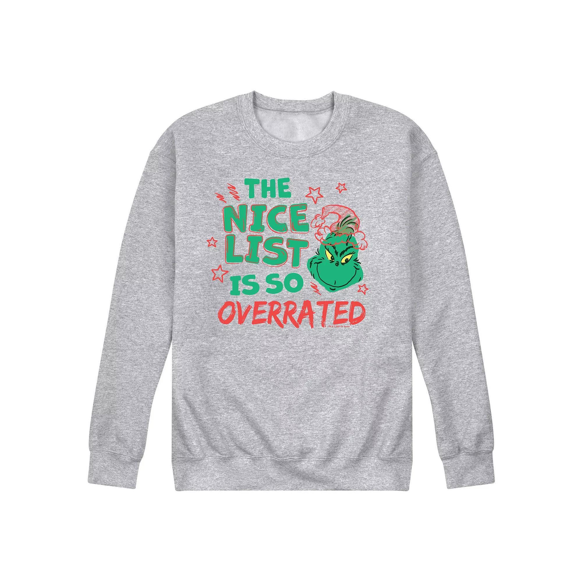 Mens Dr. Seuss The Grinch Nice List Overrated Fleece Sweatshirt Grey Gray Product Image