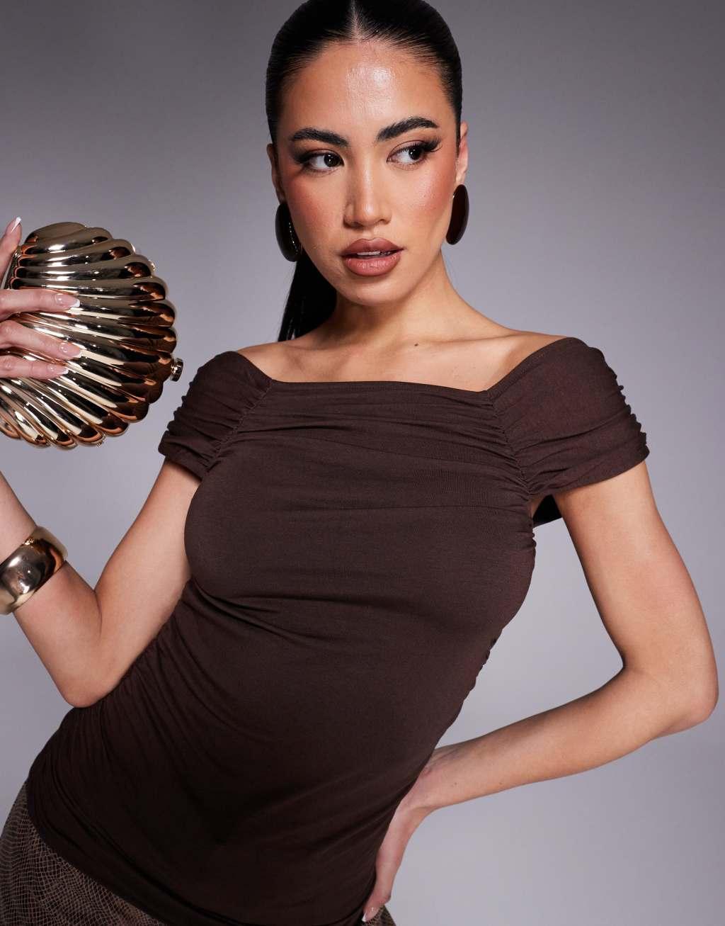 ASOS DESIGN ruched square neck top in brown Product Image