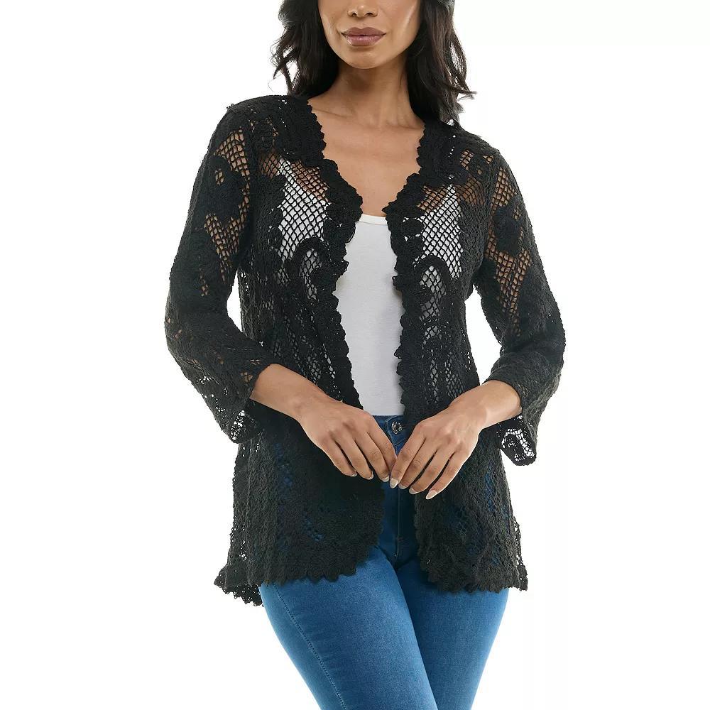 Women's Nina Leonard Scalloped Edge Crotchet Open Cardigan, Size: Small, Black Product Image