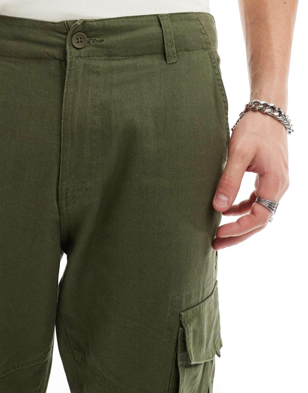 Only & Sons linen mix tapered cargo pants in olive Product Image