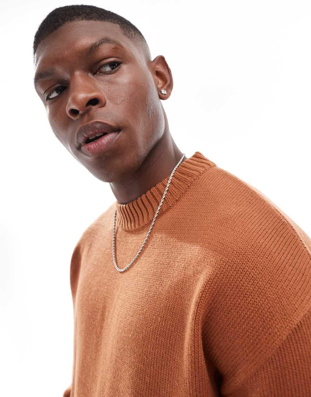 Jack & Jones oversized chunky ribbed crew neck sweater in burnt orange Product Image