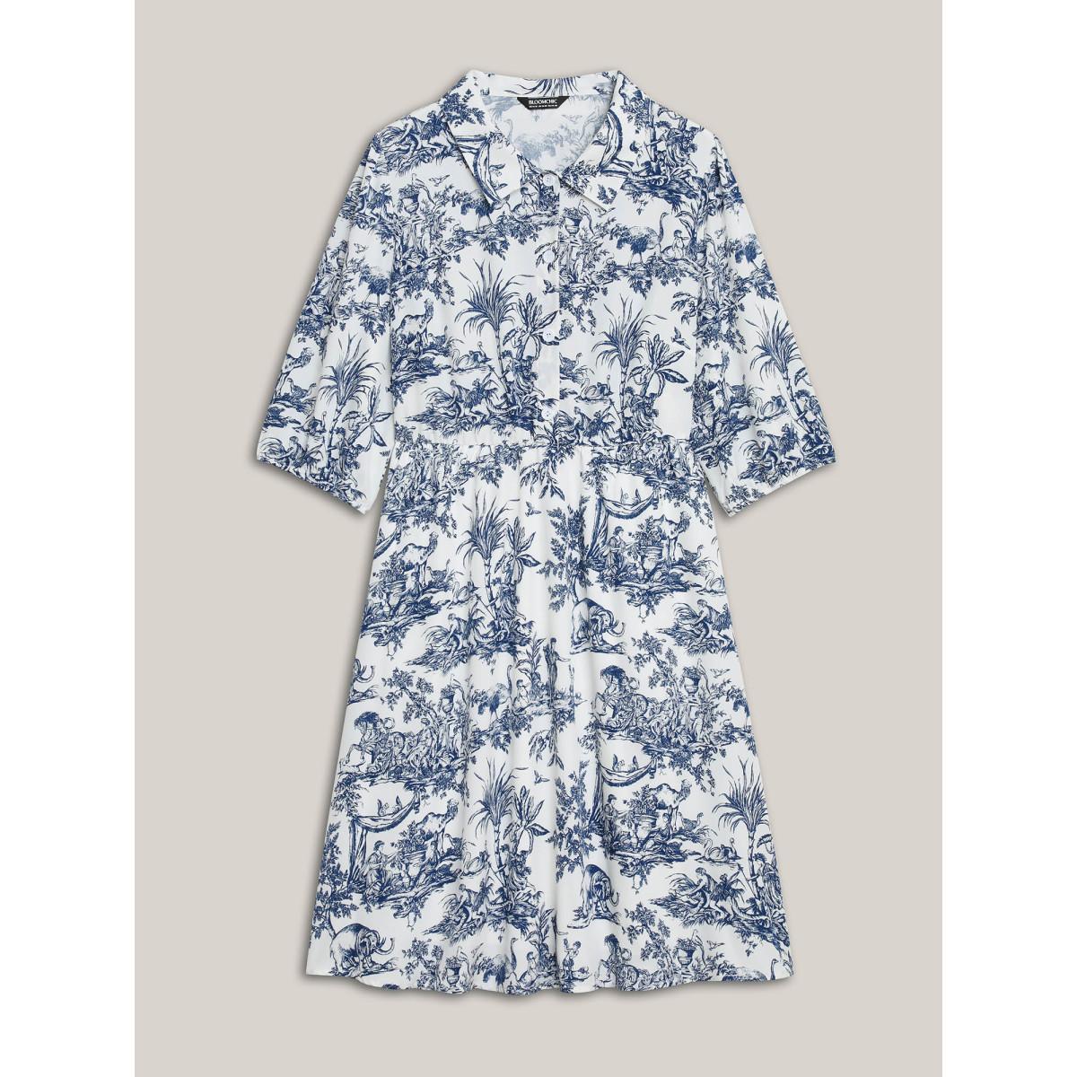Plus Size Animal Print Button Pockets Midi Dress DarkBlue Women Elegant Shirt collar Half Sleeve Curvy BloomChic 28/5X Product Image