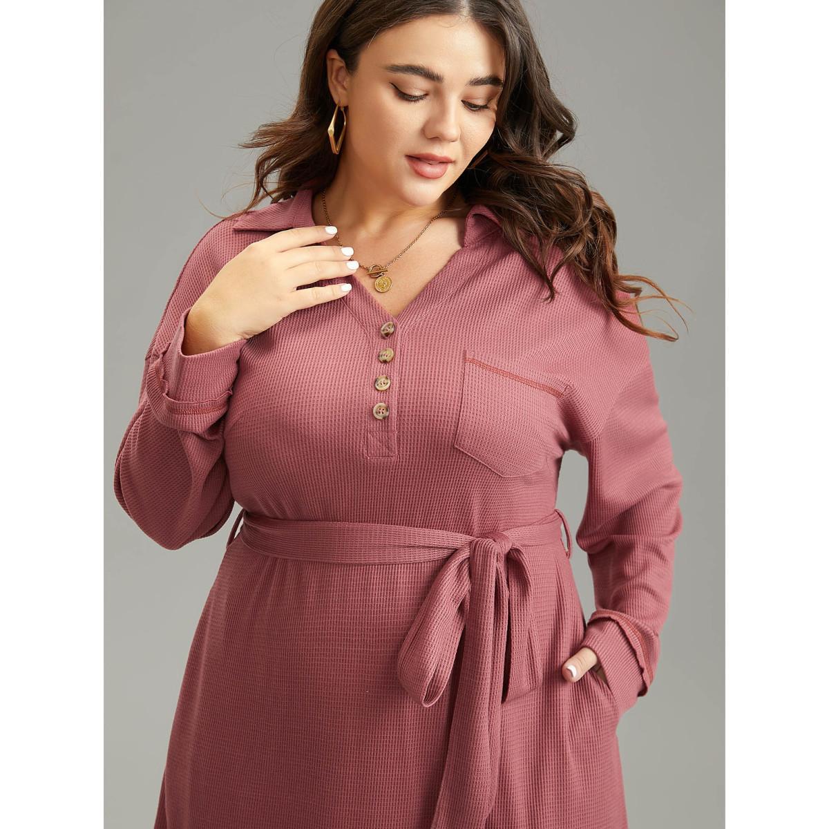 Plus Size Waffle Knit Belted Lapel Collar Pocket Dress Rouge Women Casual Waffle Knit Lapel Collar Long Sleeve Curvy Midi Dress BloomChic 18-20/2X Product Image
