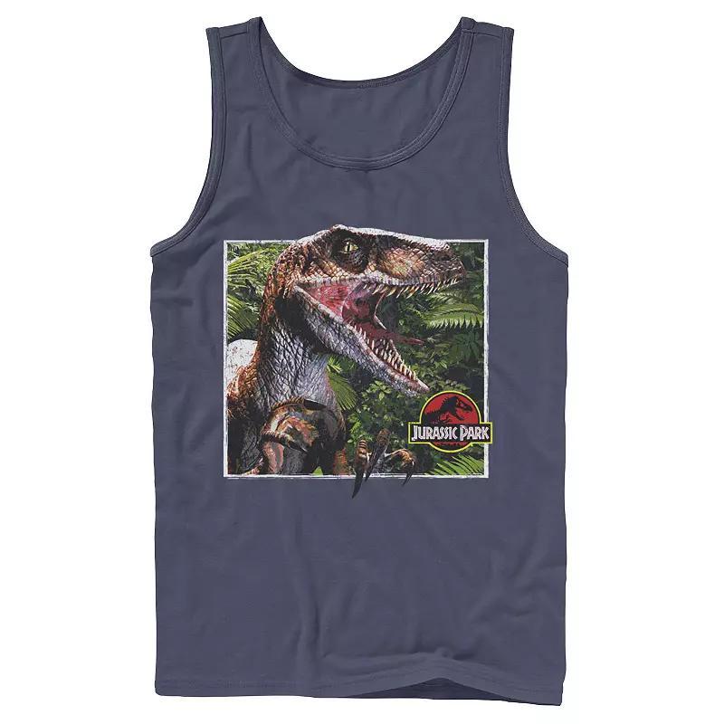 Men's Jurassic Park Raptor Coming Out Of Forest Tank Top, Size: Small, Blue Product Image