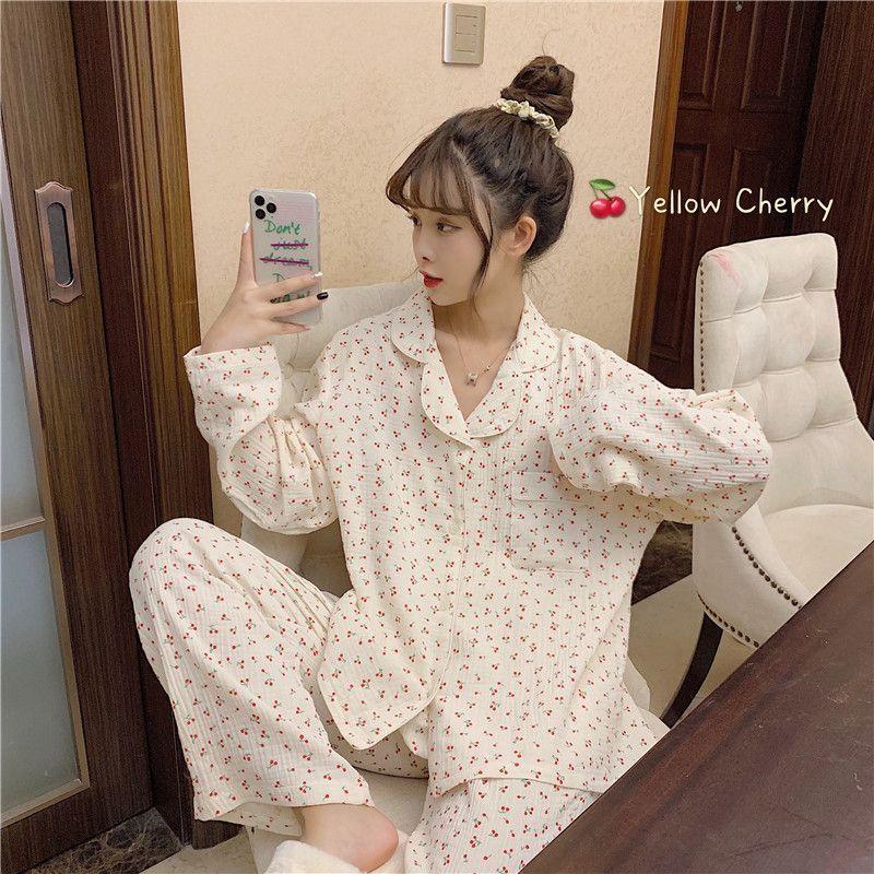 Pajama Set: Cherry Print Long-Sleeve Top + Pants Product Image
