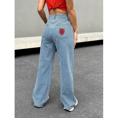 High Rise Strawberry Embroidered Wide Leg Jeans Product Image