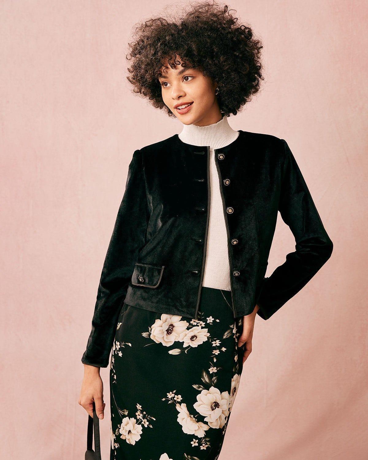 The Black Crew Neck Velvet Jacket Product Image