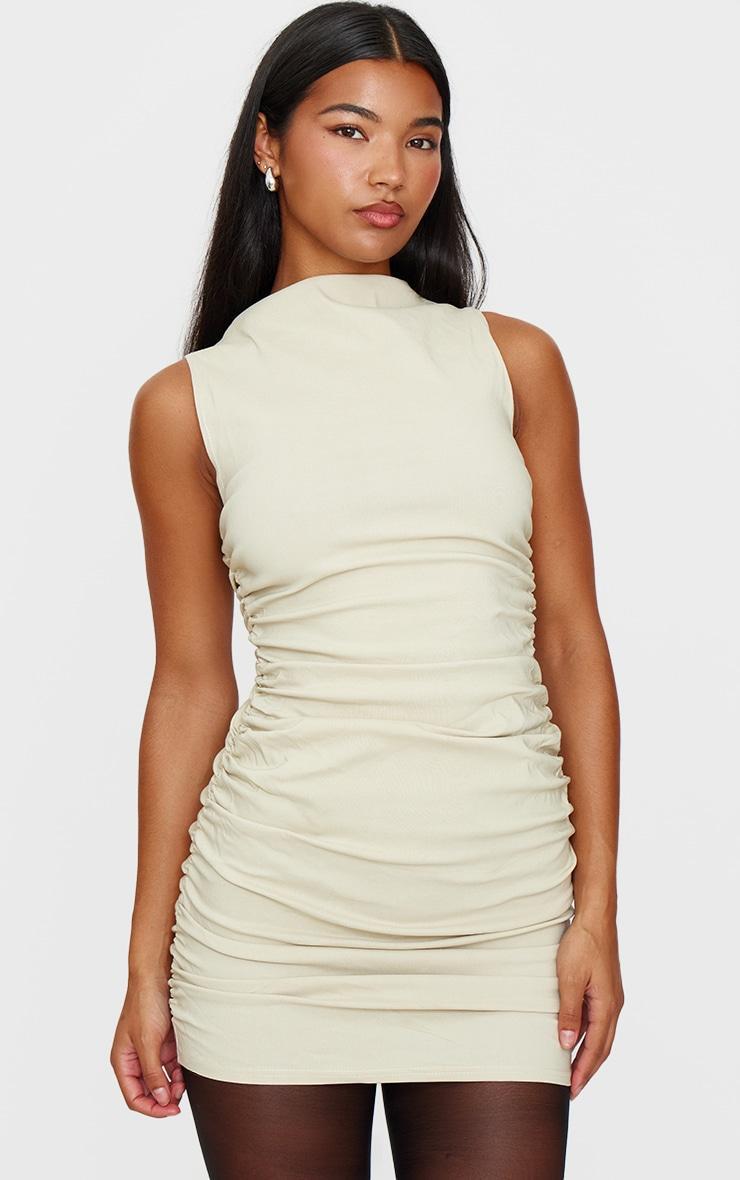 Stone High Neck Ruched Bodycon Dress Product Image