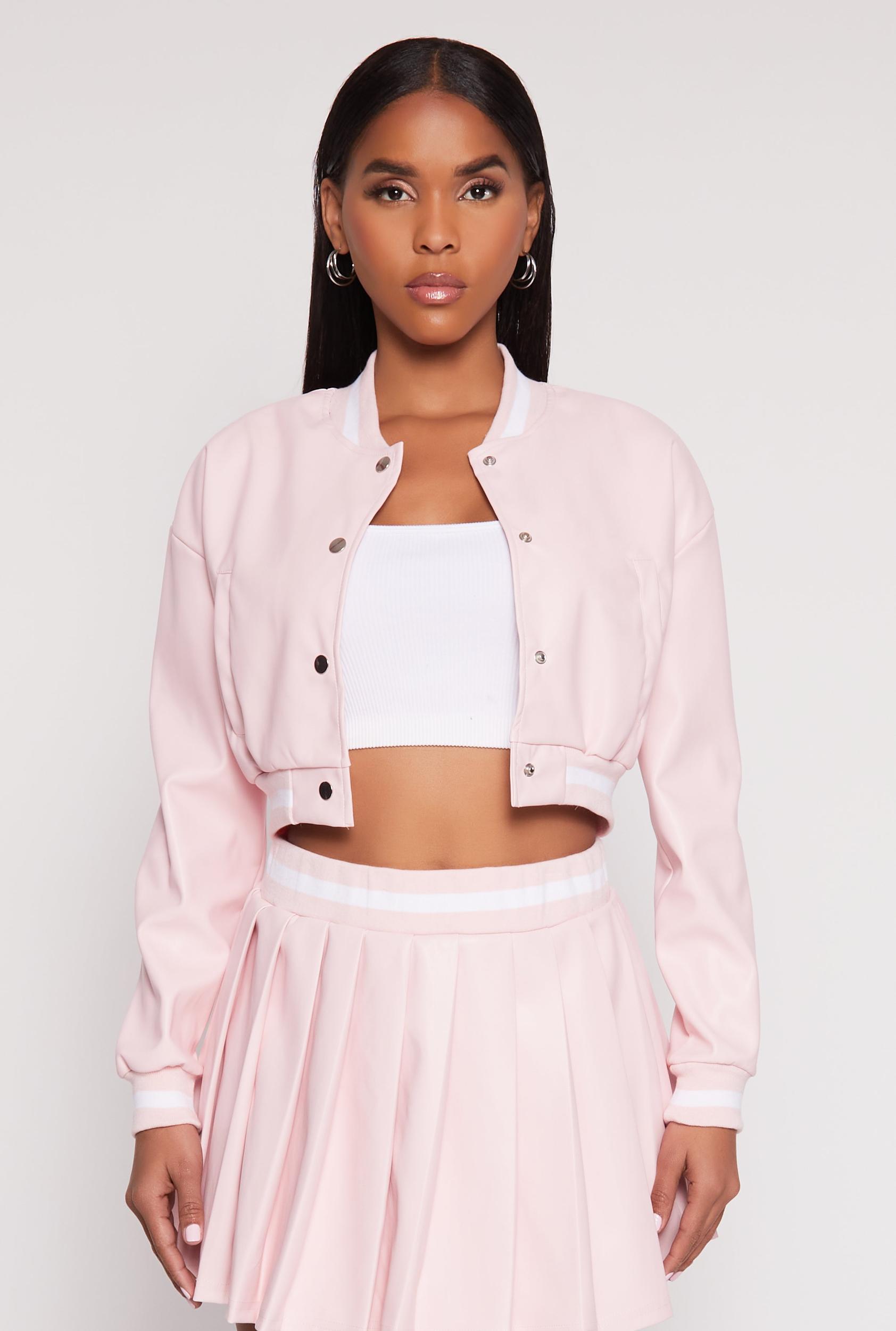 Womens Faux Leather Cropped Bomber Jacket Product Image
