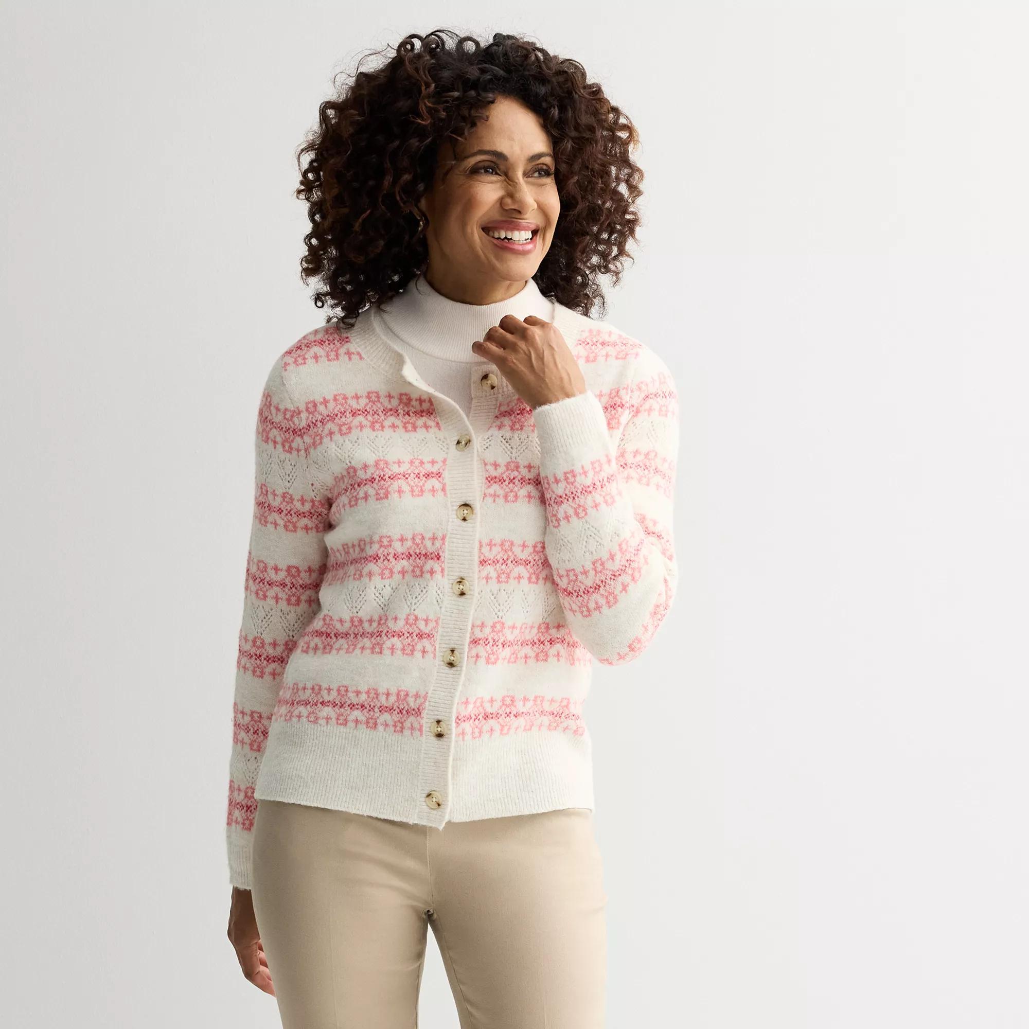 Petite Croft & Barrow® Pointelle Print Button-Front Cardigan, Women's, Size: XXL Petite, Pink Fairisle Product Image