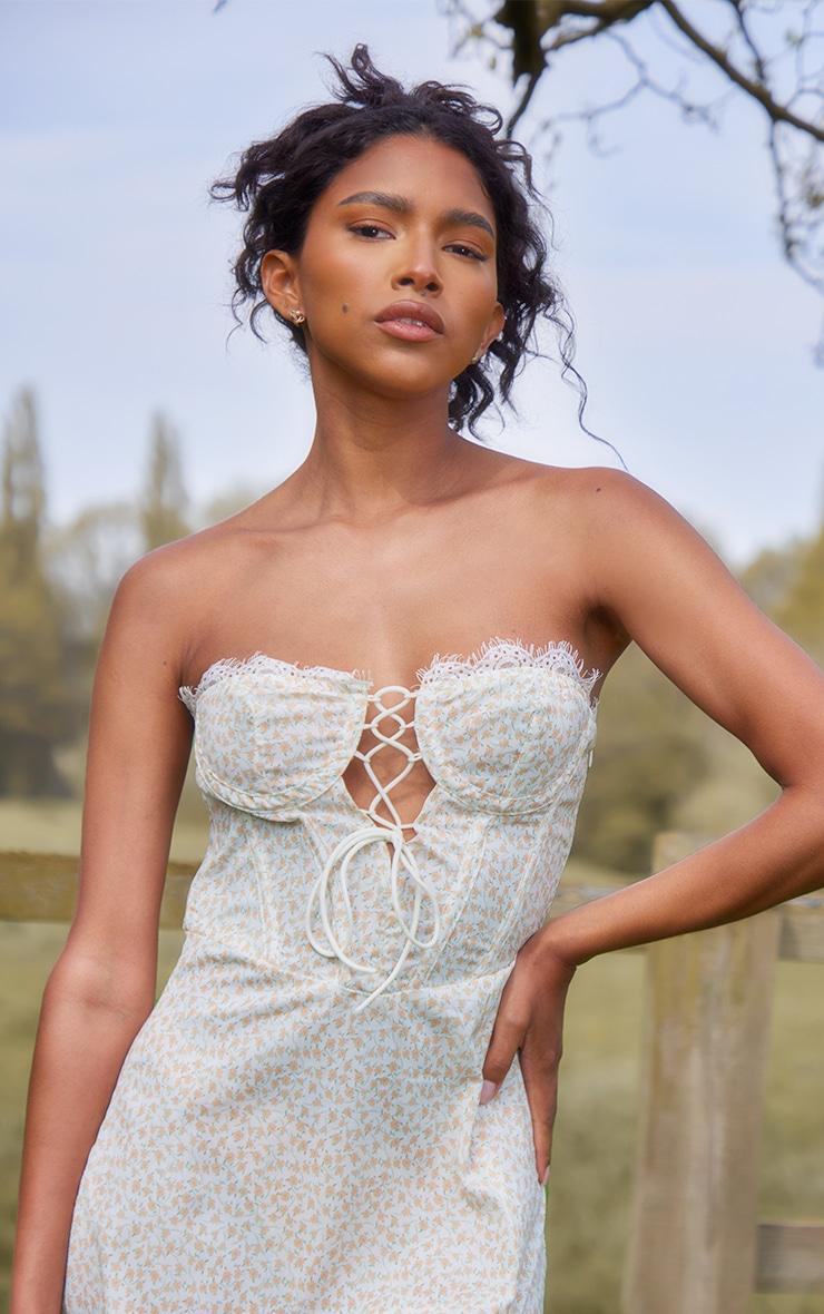 Yellow Floral Lace Trim Corset Split Midi Dress Product Image
