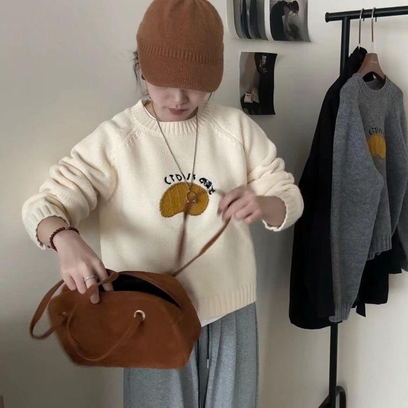 Crew Neck Embroidered Crop Sweater Product Image