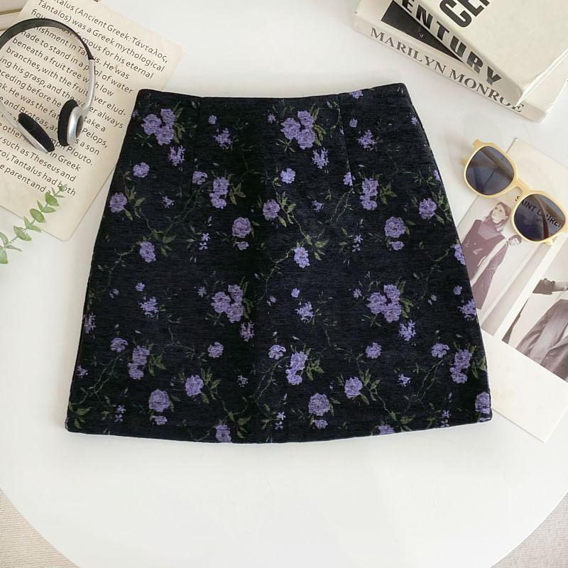 High Waist Floral Print Mini A-Line Skirt Product Image