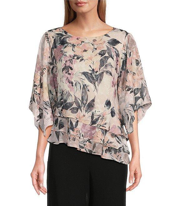 Alex Evenings Elbow Sleeve Scoop Neck Asymmetrical Hem Triple Tier Chiffon Blouse Product Image