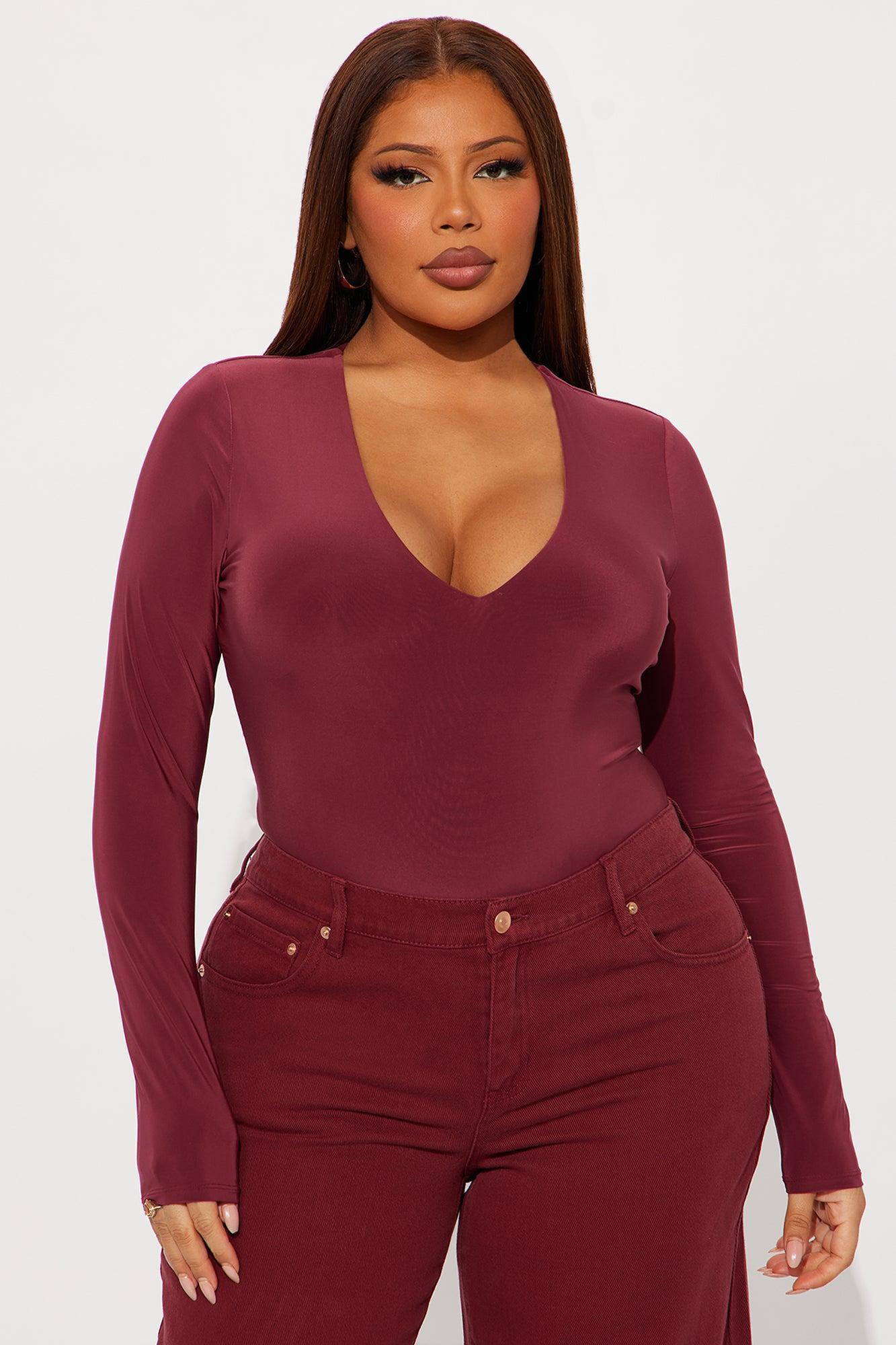 Take The Plunge Lined Long Sleeve Bodysuit - Burgundy Product Image
