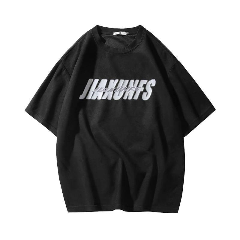 Short-Sleeve Crew Neck Lettering Print Faux Suede Tee Product Image