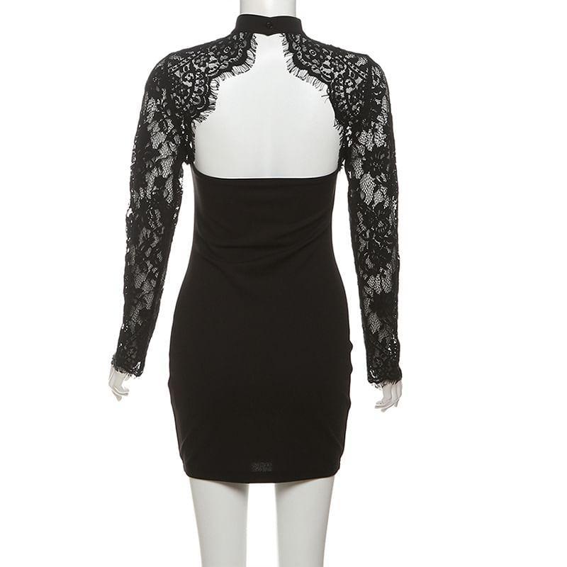 Long-Sleeve Lace Panel Cutout Mini Bodycon Dress Product Image