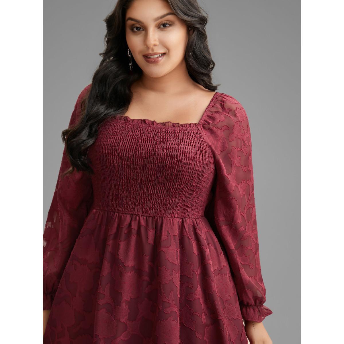 Plus Size Jacquard Texture Square Neck Midi Dress Burgundy Women Elegant Texture Party Curvy Bloomchic 10/M Product Image