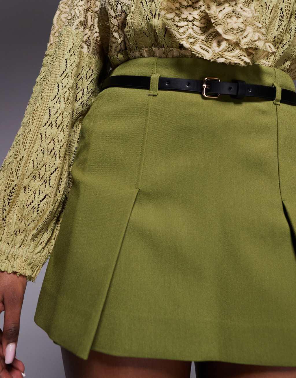 River Island belted tailored mini skort in khaki Product Image