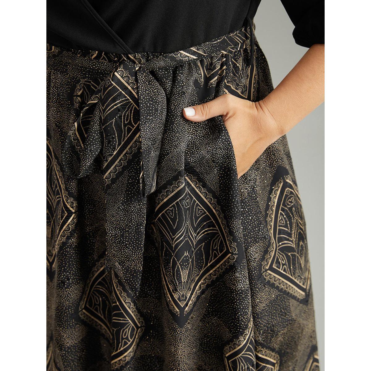 Plus Size Chiffon Moroccan Print Glitter Belted Overlap Collar Dress Black Women Party Elastic cuffs Overlap Collar Elbow-length sleeve Curvy Midi Dress BloomChic 18-20/2X Product Image
