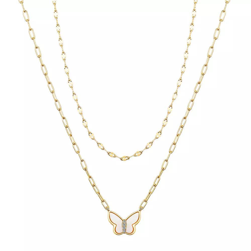 Love This Life® 14k Gold Flash Plated Cubic Zirconia & Mother-of-Pearl Butterfly Layered Necklace Duo Set, Women's, Size: 16/18+2", Gold Tone Product Image