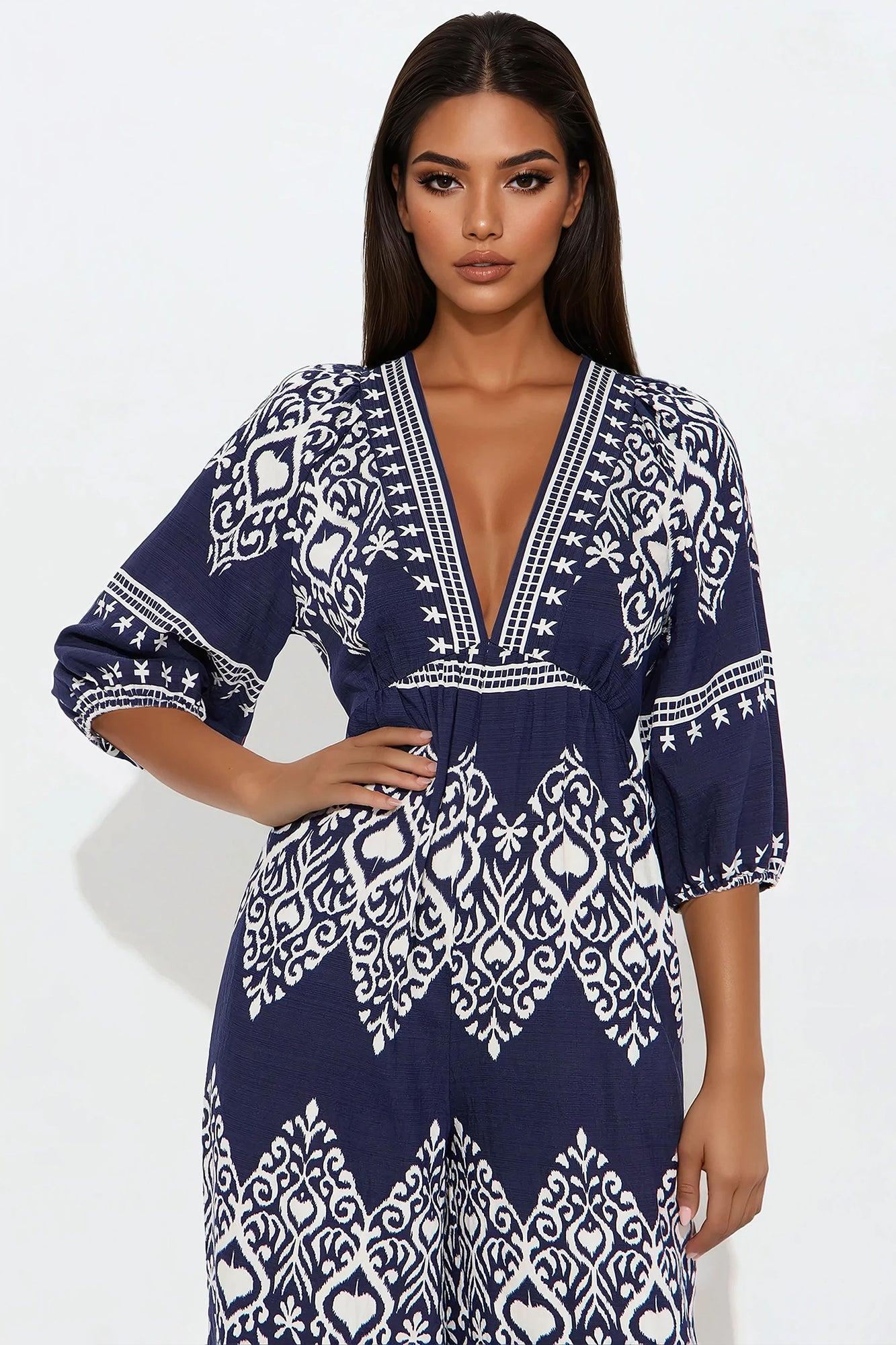 Daphne Deep V Jumpsuit - Navy/combo Product Image