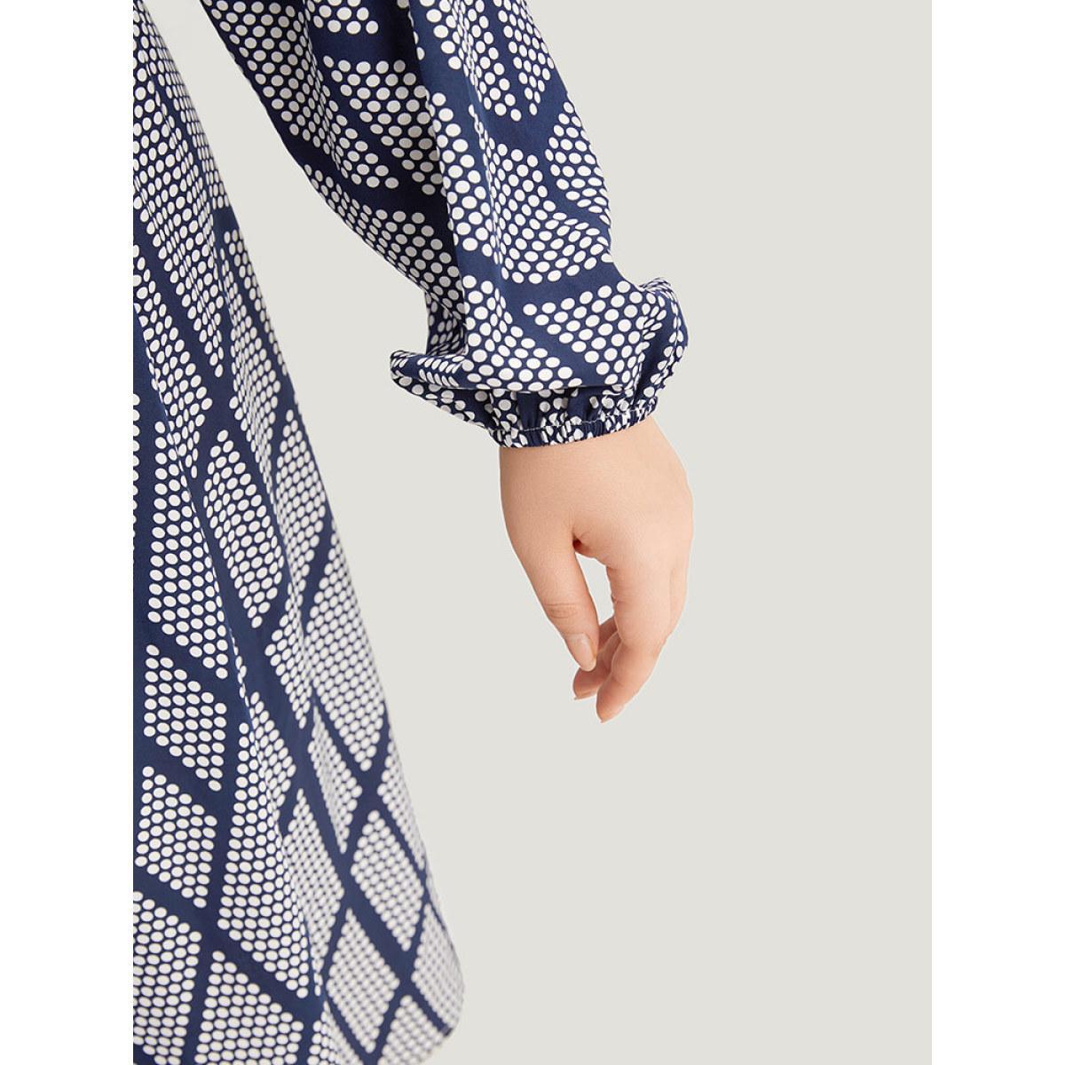 Plus Size Polka Dot Geometric Belted Lantern Sleeve Dress Black Women Office Elastic cuffs Notched collar Long Sleeve Curvy Midi Dress BloomChic 14-16/1X Product Image