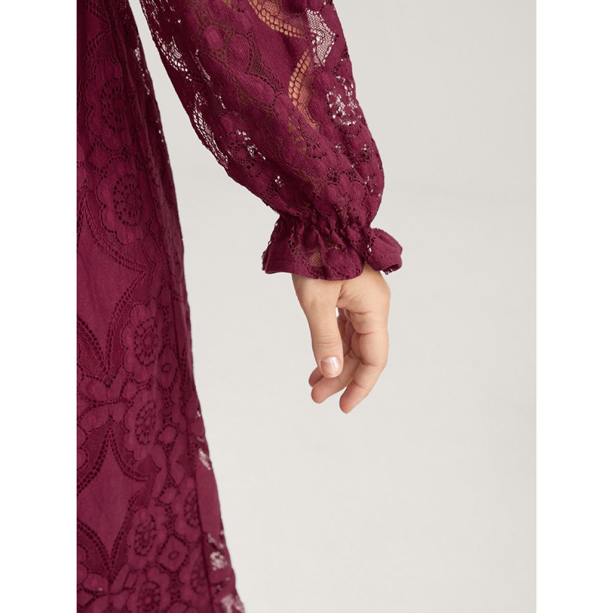 Plus Size Solid Square Neck Lantern Sleeve Belted Lace Dress Scarlet Women Glamour Belted Square Neck Long Sleeve Curvy Midi Dress BloomChic 12/L Product Image