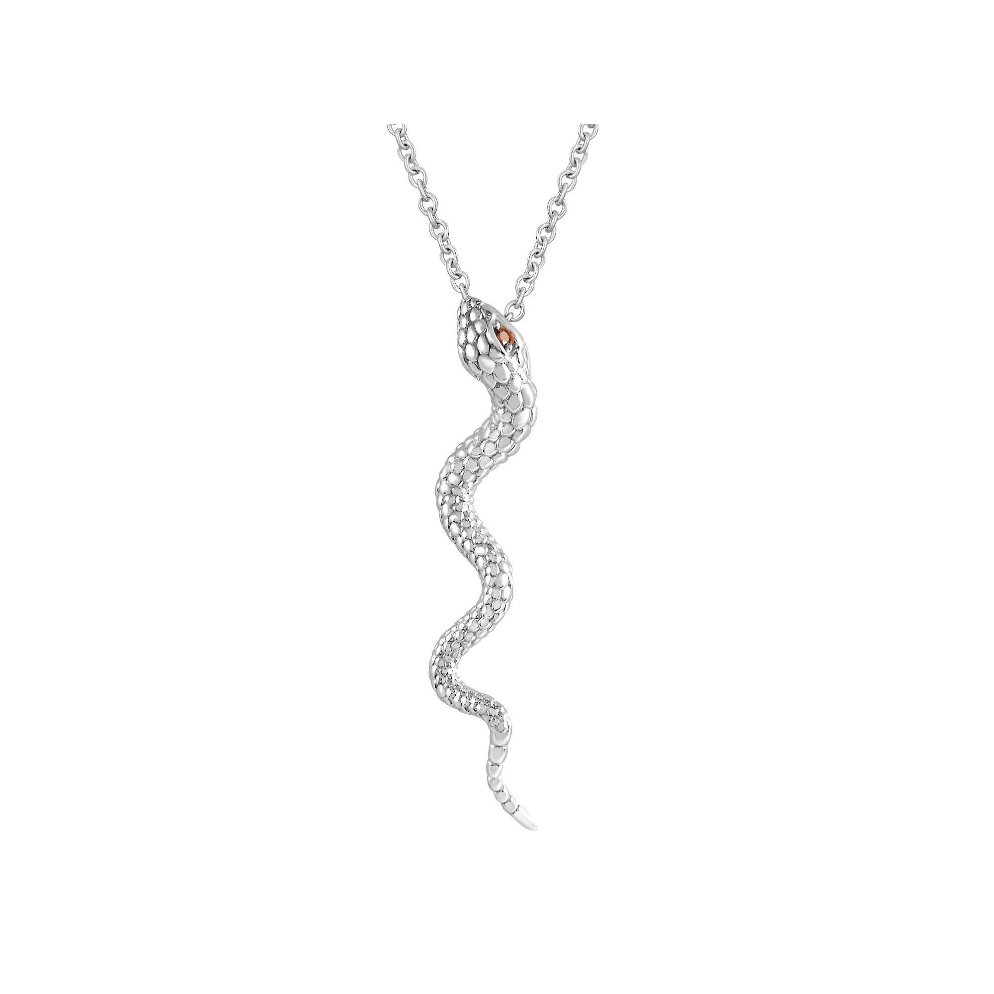 SIRI Sterling Silver Rhodium Plated Garnet Cubic Zirconia On Eyes Serpent Pendant Necklace 18", Women's Product Image