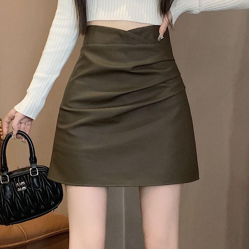 High Rise Plain Ruched Faux Leather Mini A-Line Skirt Product Image