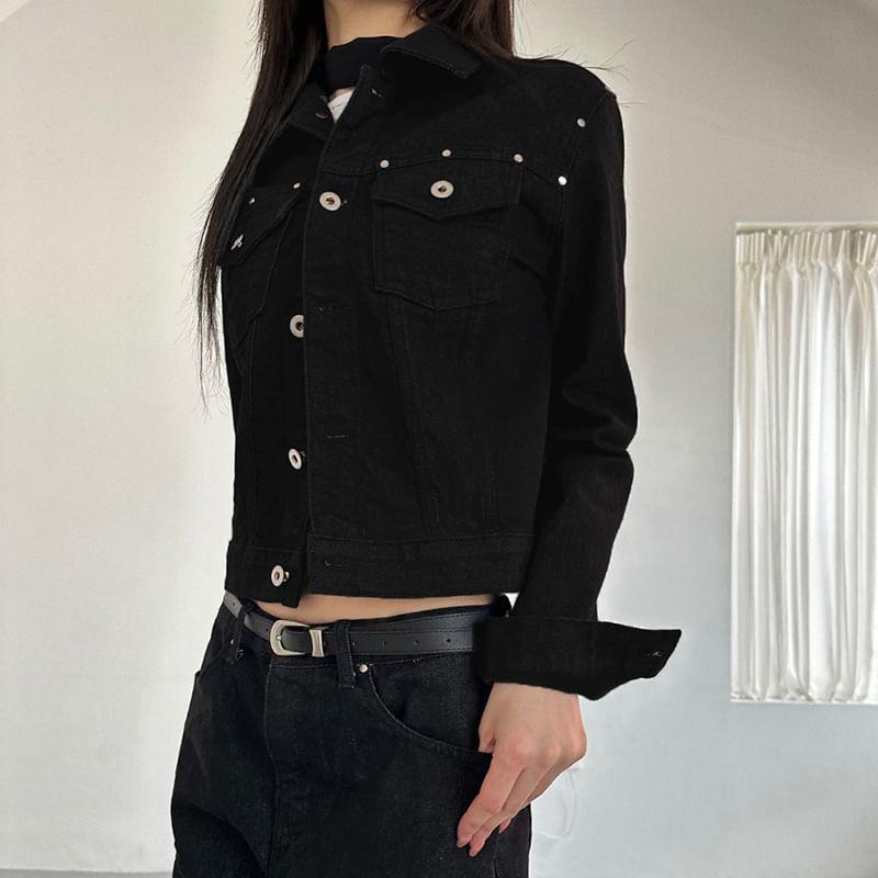 Long Sleeve Studded Denim Jacket Product Image