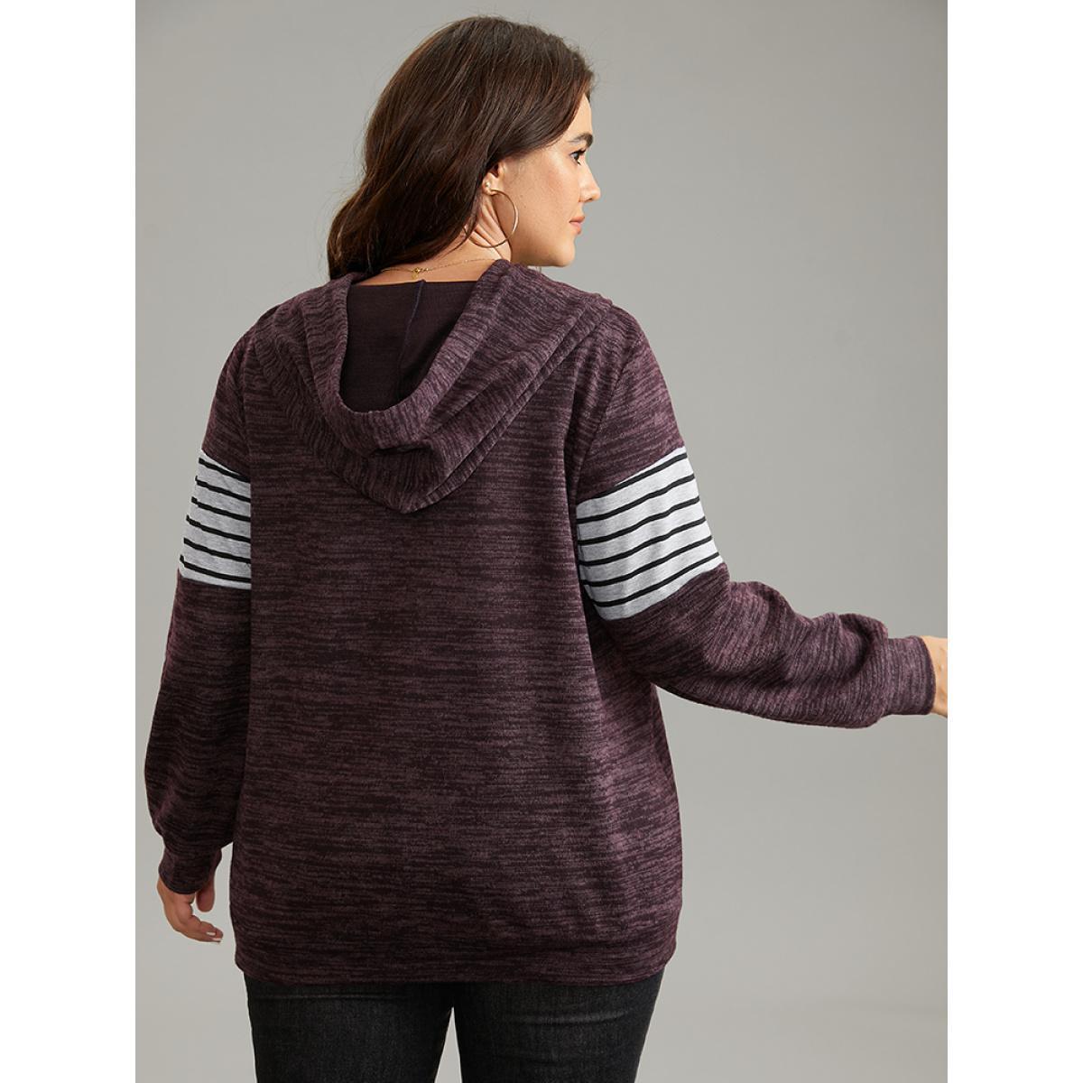Plus Size Heather Striped Patchwork Pocket Hooded Sweatshirt Women Eggplant Casual Heather Hooded Dailywear Sweatshirts BloomChic 30/6X Product Image