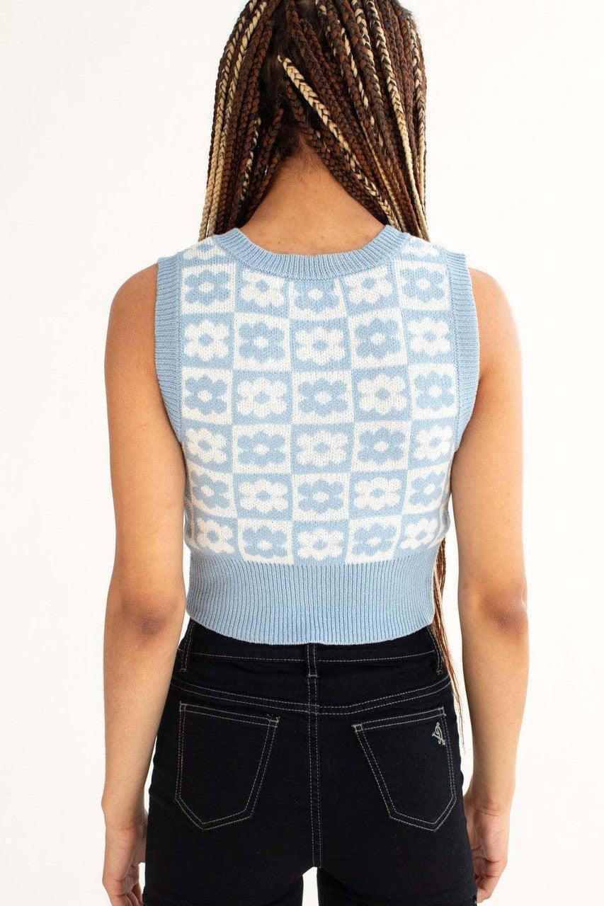 Powder Blue Floral Checkered Sweater Vest Product Image