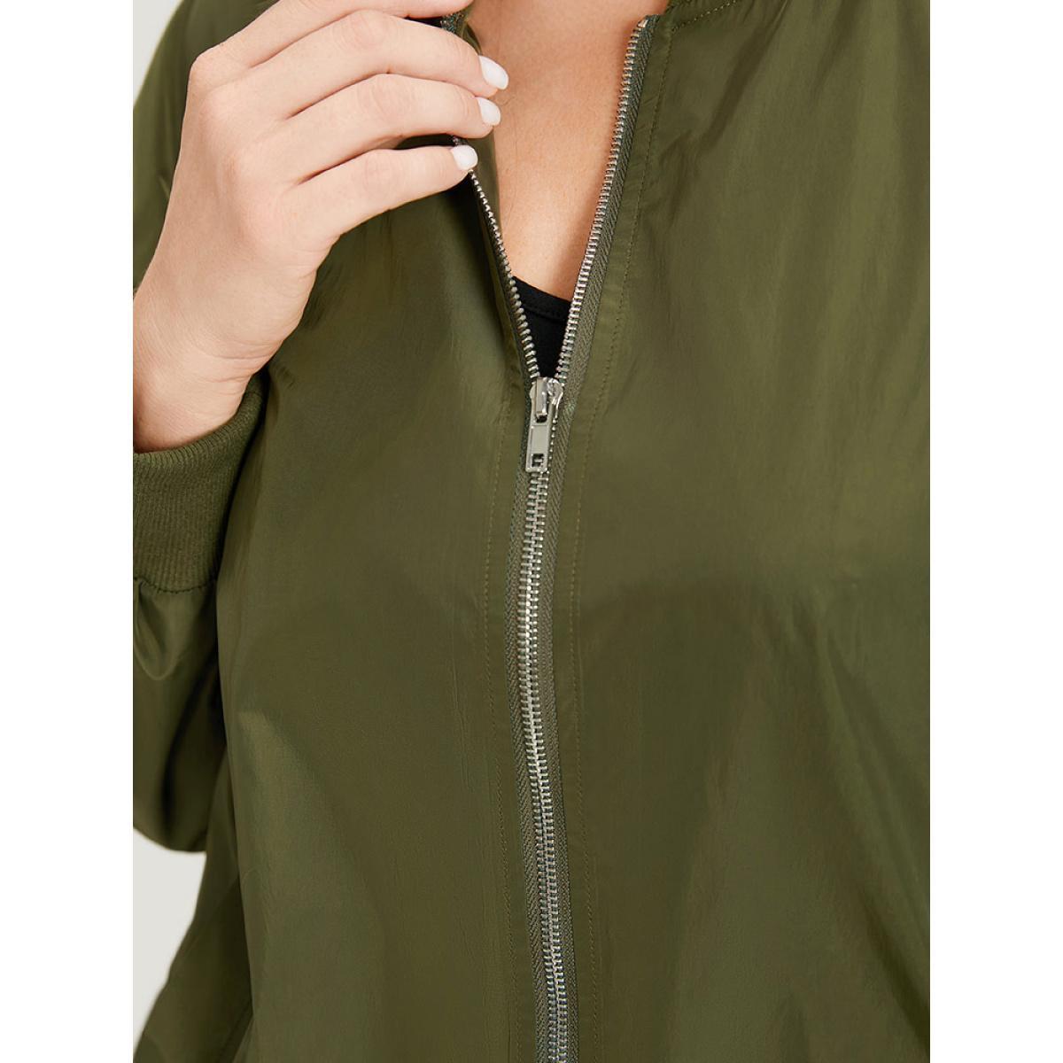 Plus Size Plain Zipper Pocket Elastic Cuffs Jacket Women ArmyGreen Plain Pocket Dailywear Jackets BloomChic 10/M Product Image