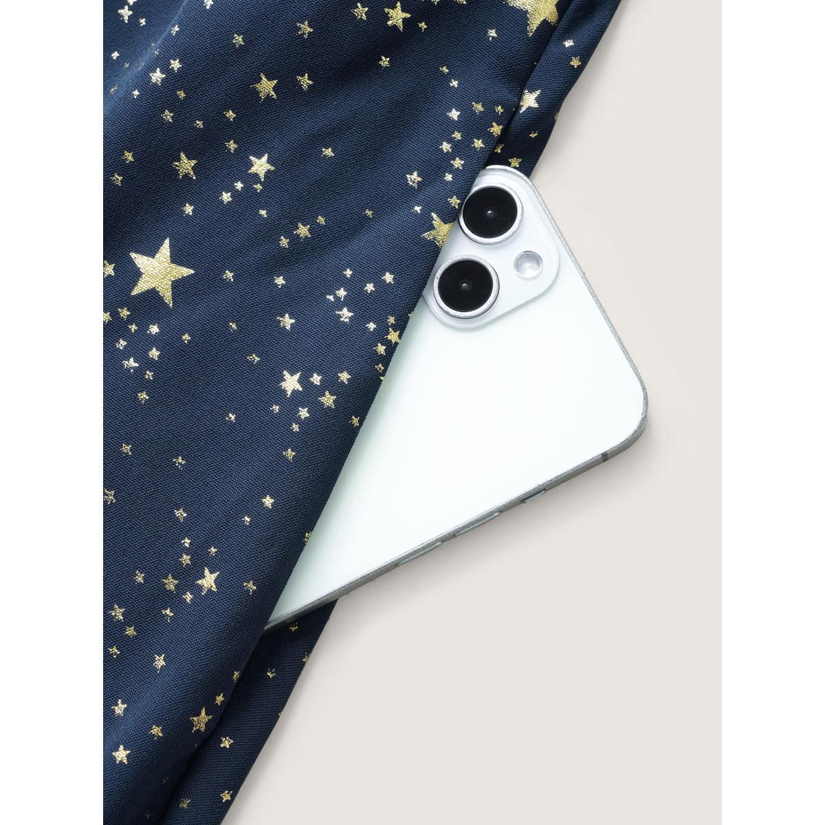 Plus Size Glitter Star Split Sleeve Midi Dress DarkBlue Women Elegant Gathered Round Neck Short sleeve Curvy BloomChic 22-24/3X Product Image