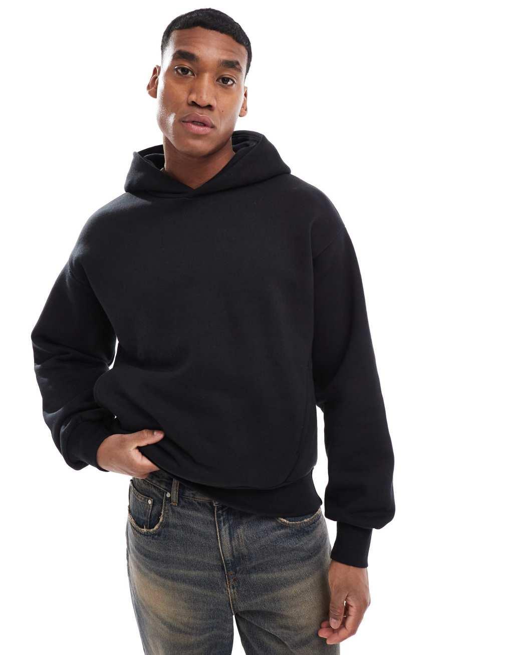 Bershka boxy tonal back print hoodie in black Product Image