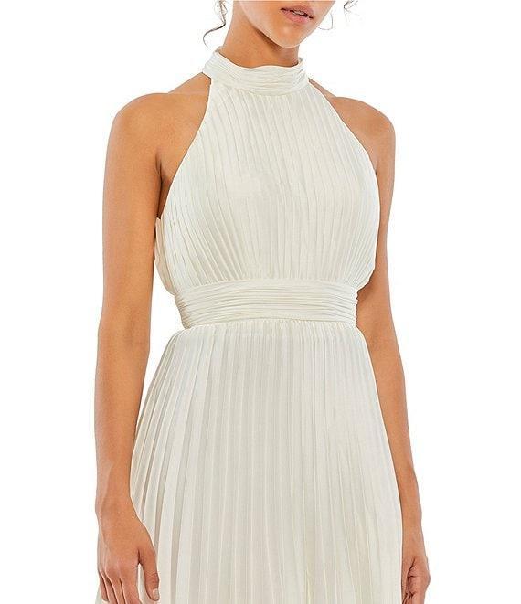 Mac Duggal Satin Pleated Halter Neck Sleeveless A-Line Dress Product Image