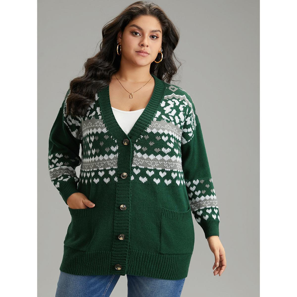 Plus Size Christmas Jacquard Button Up Pocket Cardigan DarkGreen Women Casual Loose Long Sleeve Festival-Christmas Cardigans BloomChic 28/5X Product Image